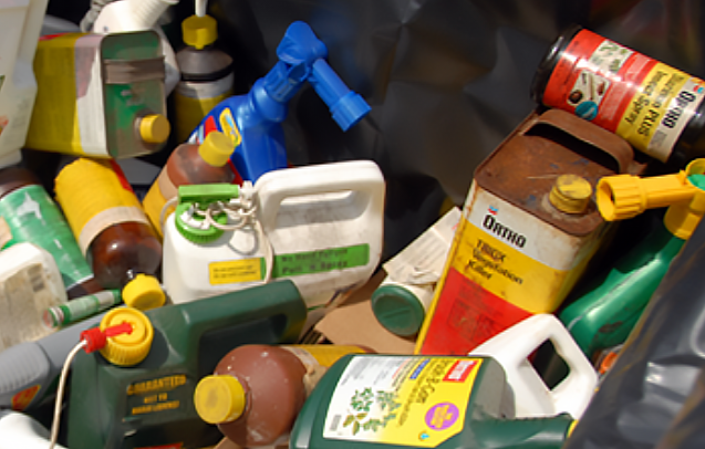 A myriad of hazardous household products sit on the ground