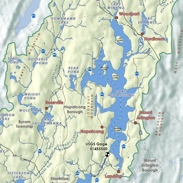 A map displaying the watershed surrounding Lake Hopatcong.